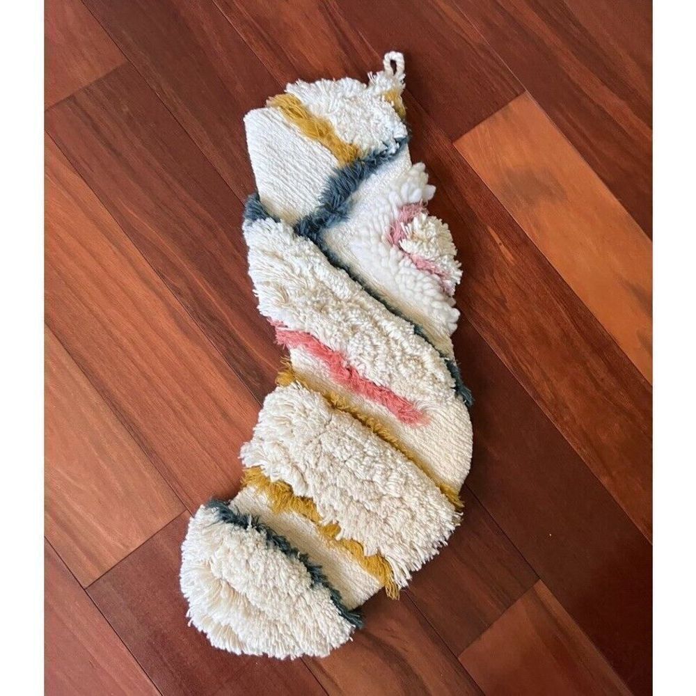 Anthropologie Cream Holiday Stocking with Pink, Mustard, and Teal Accents